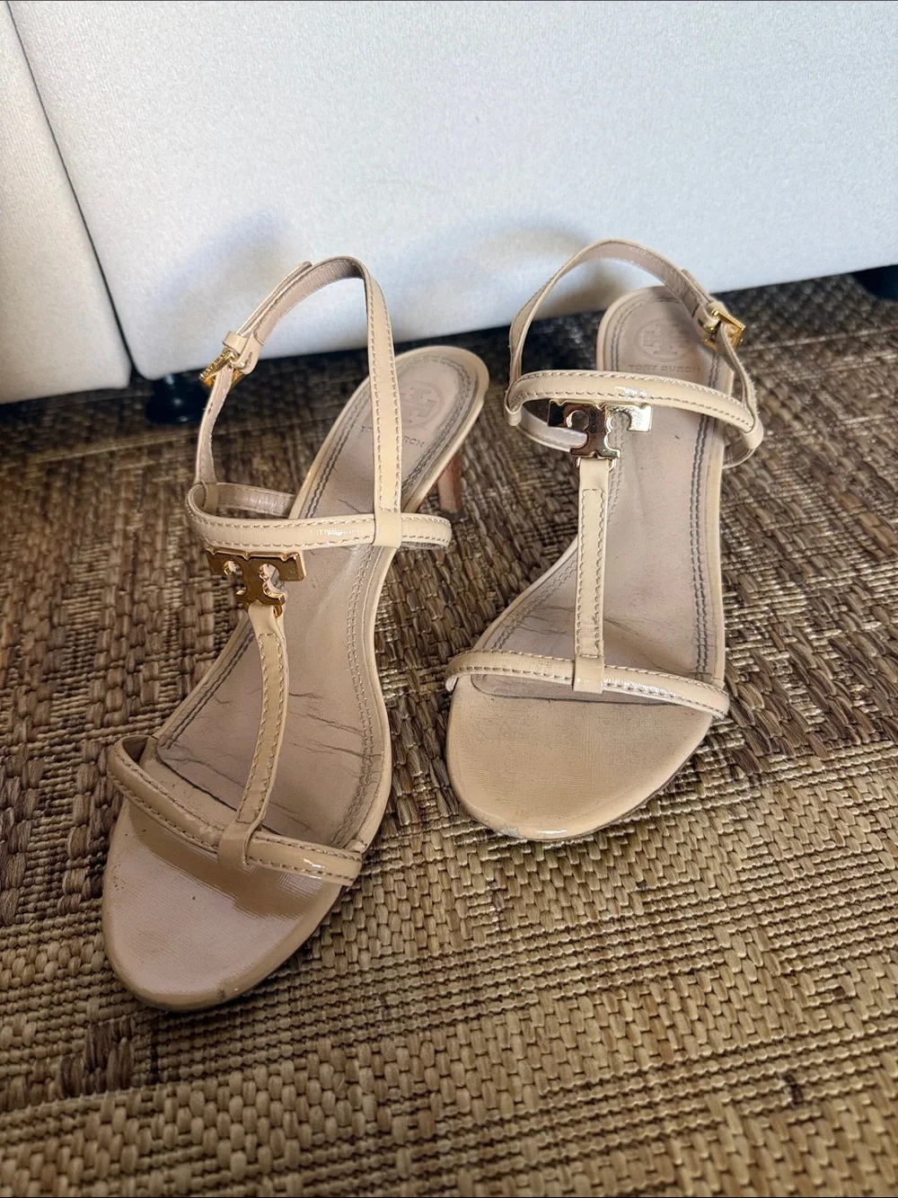 Tory Burch Beige Patent Leather T-Strap Slingback Heels
